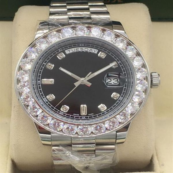 Relojes de lujo 41 mm Mecánico automático Oro blanco Diamante más grande Esfera negra Pulsera de acero inoxidable Reloj de pulsera para hombre 291j