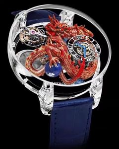 Relojes de lujo Astronomia Sky Red Dragon Reloj de cuarzo suizo para hombre Pave Piece Unique Totalmente transparente Glass 3D Grabado Correa de cuero Relojes de pulsera para caballeros