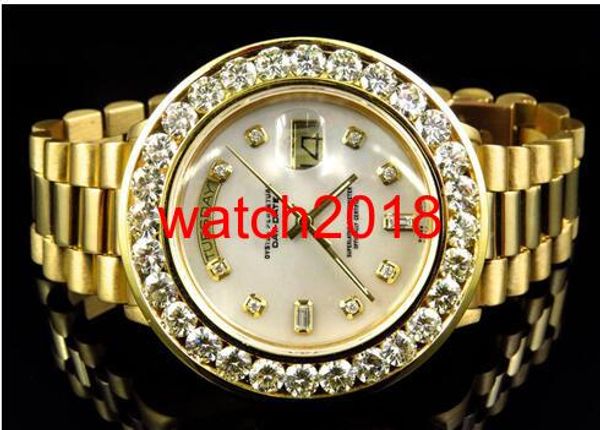 Boîte de montre de luxe / Papiers Top Qualité Hommes 36 MM 18k Or Jaune Mens Grand Diamant Solide Diamant Automatique Mécanique 0Riginal Montre