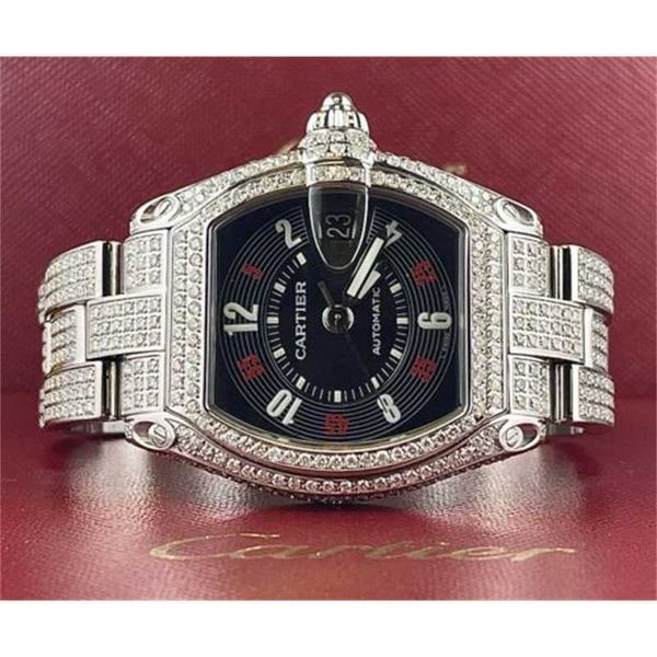 Relojes de lujo Ct Relojes de fabricación suiza Ct Roadster 38 mm Reloj de acero para hombre Esfera negra Diamantes helados de 11 quilates Ref 2510