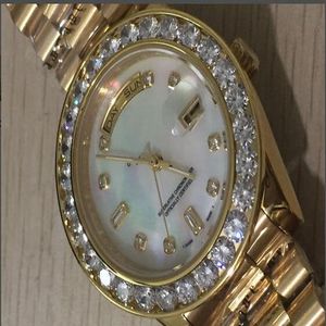 Luxe horloges Dameshorloge van hoge kwaliteit 36 mm Dag Datum President 18k Goud Wit Mop Grotere diamanten wijzerplaat Bezel Quickset 2 jaar automatische mechanische horloges