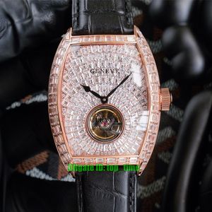 Luxe horloges V2 Rose Gold Cinner Curvex 8880 Baguette Diamond Tourbillon Automatische Mechanische heren Watch Pave Diamanten Dial Lederen Riemheren Polshorloges