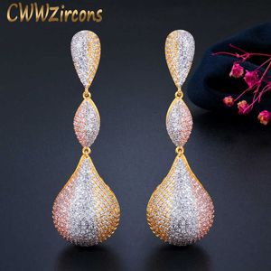 Luxe Water Drop Balls Lange Dangle Oorbellen voor Dames Bruiloft Micro CZ Zirkoon Dubai Indian 3 Tone Gold Sieraden CZ670 210714