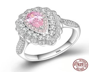 Luxury Water Drop Pink CZ Diamond Ring 100 925 Solid Silver Engagement Rings Joyería fina para mujeres XR2033181922