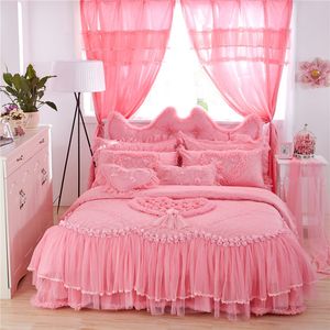 Luxe Bruiloft Beddengoed Set Kant vlek Katoen Koning Queen Twin Size Meisjes Prinses Bed Rok Set Dekbedekleding Kussen Shams T200706