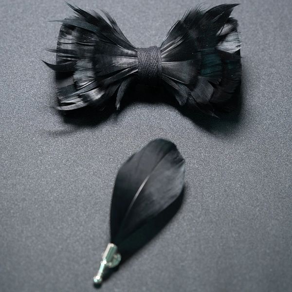 Pajarita de boda de lujo para hombre, conjunto de broche de pajarita preatado negro clásico, nudo de mariposa de plumas para fiesta, accesorios de regalo para hombre 240202