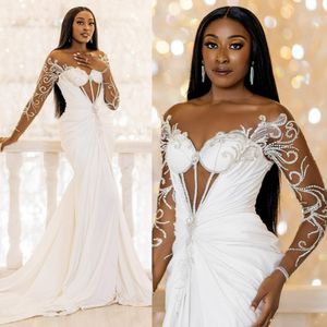 Robe de mariée de luxe pour la mariée en mousseline de soie ivoire col transparent manches longues robes de mariée sirène Illusion Rehinestones robes de dentelle appliquées pour le mariage D107