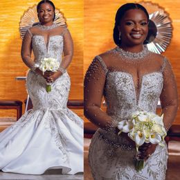 Vestido de novia de lujo para la novia Sirena Cuello transparente Mangas largas Satén con cuentas Rehinestones Vestidos de novia para África Árabe Nigeria Negro Mujeres Niñas Matrimonio D108