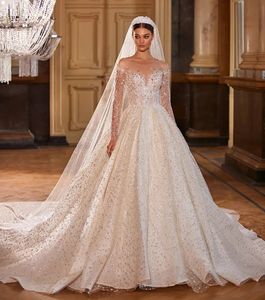 Robe De mariée De luxe pour femmes, à paillettes, manches longues, princesse, perles, dos nu, paillettes, nouvelle collection 2024