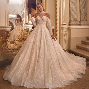 Luxe trouwjurk parels Liefje kristal lange mouw glanzende bruid jurken 2023 hof trein illusie terug prinses vestido de noiva mariage