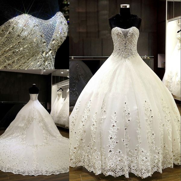 Robes de mariée de luxe robe de bal robes de mariée sans bretelles cristaux Bling dentelle appliques paillettes tulle robes de mariée gonflées