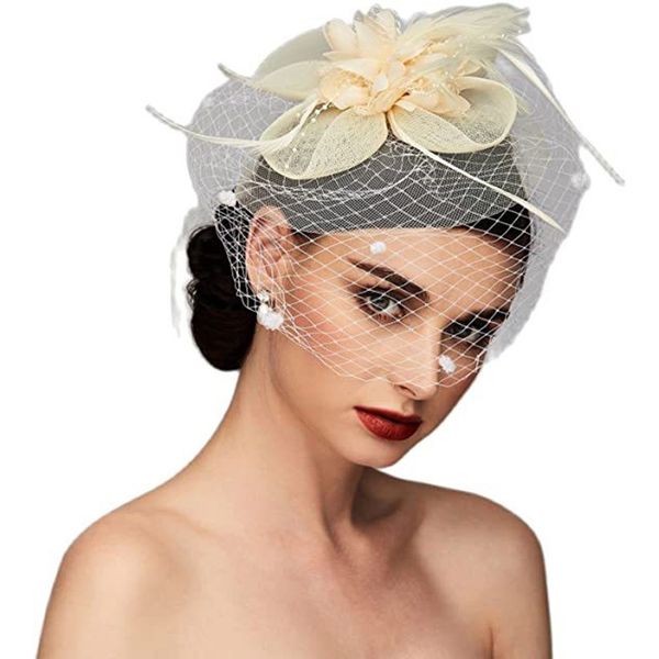 Chapeaux de mariage de luxe, voile de cage à oiseaux, fleurs, plumes, accessoires de mariée, chapeau