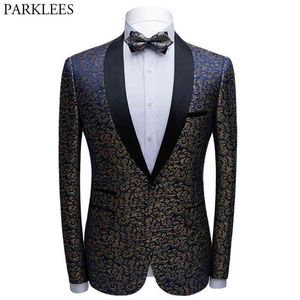 Luxe bruiloft pak jas mannen mode merk sjaal kraag slim fit heren bloemenjurk blazers bruidegom grooms mannen kostuum 210522