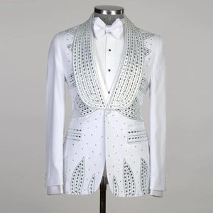 Costumes de mariage de luxe pour hommes cristaux de ruban perles blanc blazer gilet pantalon 3 pièces formel royal marié personnalisé smoking banquet 240108