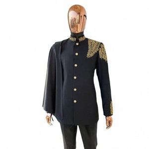 Costumes de mariage de luxe pour hommes avec cape à la main perles col montant blazer pantalon 2 pièces smokings marié sur mesure vêtements masculins f1fd #