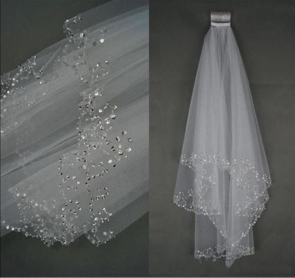 Voiles de mariage de luxe court mariage voile de mariée 2 couches à la main cristal perlé croissant bord accessoires de mariée voile blanc ivoire i6308750