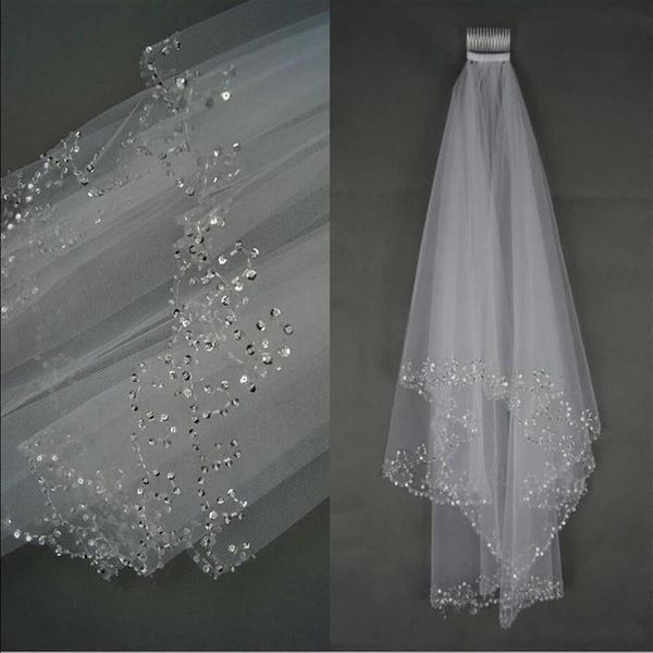 Voiles de mariage de luxe court mariage voile de mariée 2 couches à la main cristal perlé croissant bord accessoires de mariée voile blanc ivoire i288K