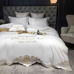 Luxe blanc 600TC coton égyptien Royal broderie ensemble de literie housse de couette drap de lit linge de lit taies d'oreiller 4 pièces #/L 211007