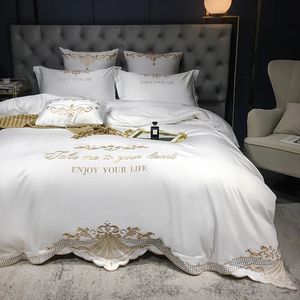 Blanc de luxe 600tc Ensemble de literie à broderie royale en coton égyptien