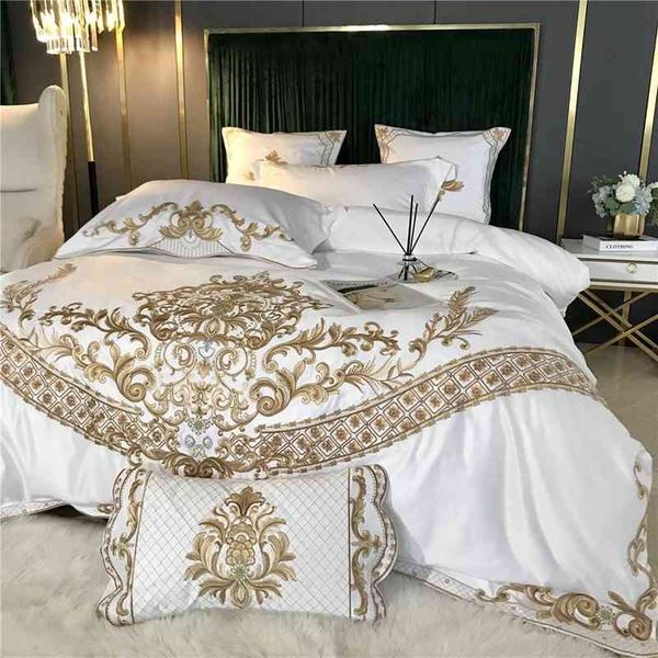 Luxury blanco 60S Satin Silk Cotton Royal Gold Bordery Bording Building Cover Dórmpe Cubierta de almohada plana/ajustada Textiles para el hogar 210615