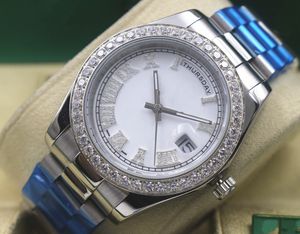 Luxe Blanc Jour-Date II Président Automatique Mécanique Hommes Montre 218238 Bracelet en acier inoxydable Diamant Lunette Cadran Hommes Occasionnels