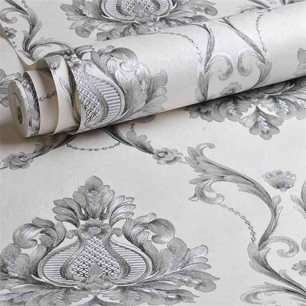 Luxury White White Damask Damask Papel Bedmon Bonding Bonding Decoración del hogar Decoración de papel Rollo 210722