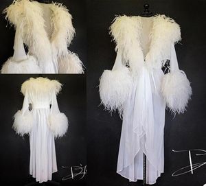 Luxe blanc plume fourrure femmes hiver Kimono enceinte fête vêtements de nuit maternité peignoir en mousseline de soie chemise de nuit Pographie Robe Robe S6464482