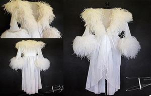 Luxe Witte Veren Bont Vrouwen Winter Kimono Zwangere Partij Nachtkleding Moederschap Badjas Chiffon Nachtjapon Pography Gown Gewaad S9012600