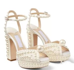 Perles élégantes chaussures de mariage pour mariée femmes Peep Toe cheville Wrap mariée été sandales dame plate-forme talon épais chaussures de soirée de bal CL2075