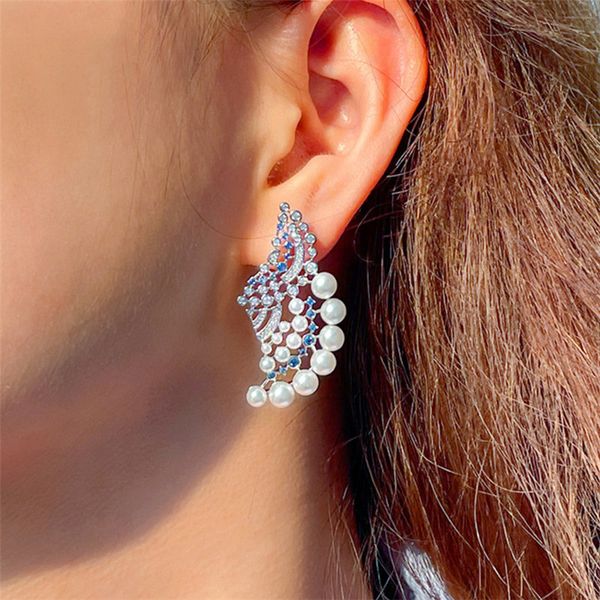 Créateur de boucles d'oreilles de luxe blanc imitation perle pour femme bleu AAA zircon cubique cuivre argent diamant boucle d'oreille femmes fiançailles mariage fête bijoux accessoires