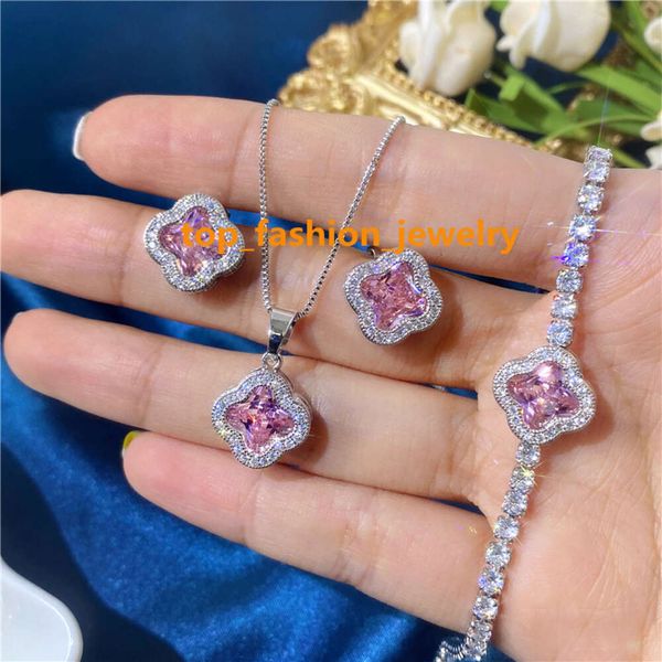 Conjunto de collar de trébol de cuatro hojas de circonio de cristal blanco y rosa de lujo, pendientes, pulseras de tenis para mujer, joyería al por mayor de moda