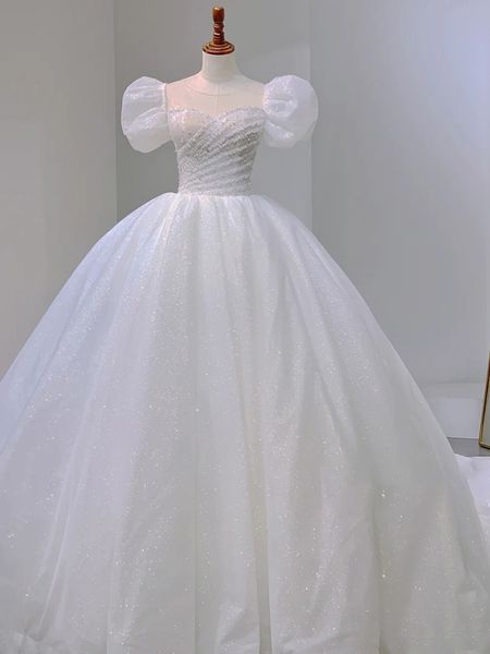 Robe de mariée de luxe à paillettes blanches, avec perles, manches courtes bouffantes, nœud au dos, longue princesse, plis, 2021