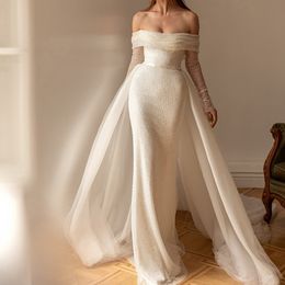 Luxe Blanc Paillettes Perles Sirène Robe De Mariée Avec Jupe Amovible Hors Épaule À Manches Longues Robes De Mariée Paillettes Brillant Mariée Porter Réception Fiançailles 2022