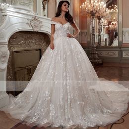 luxe Witte Trouwjurken Ivoor Bruidsjurken A-lijn off-shoulder Lange Mouw Tule Appliqué Kralen Aangepaste Rits Veters Grote Maten Robe de Mariage vestido de novia