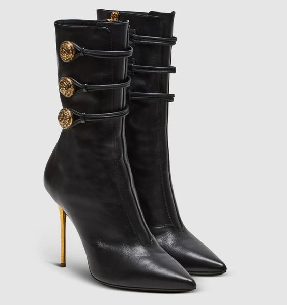 Luxe hiver Bal Alma Roni bottines en métal talons aiguilles en cuir noir bout pointu boutons dorés bottines dame robe de soirée élégante marche EU35-43