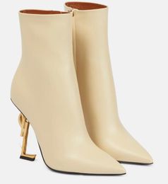 Luxe Winter Merk Luxe Opyum Vrouwen Laarzen Zwart Beige Kalfsleer Puntschoen Martin Booties Dame Hoge Hak Feestjurk Enkellaars EU35-43 Met Doos