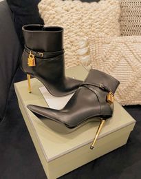 Luxe hiver marque cadenas bottines femmes doré métal talon aiguille serrure à clé en daim en cuir fête de mariage dame chaussons EU35-43