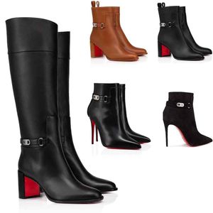 Luxury Hiver Eleonor Femmes Boot Knee Black Coule en cuir Red-Bottom Boot pointu Point Stietto Heel Lady Boties Party Wedding EU35-43, Original Box