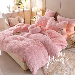 Luxe winter warm lang pluche roze beddengoed set Queen Mink Velvet dubbele dekbedovertrekset met hoeslaken Warmte dekbedovertrekken 240111