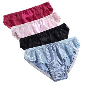 Luxe femme soie culotte Sexy dentelle taille doux sous-vêtement confortable Absorption d'humidité antibactérien respirant Lingerie slip