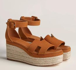 Luxe dames sleehak sandaal sleehak sandalen Elda espadrilles leer en suède sleehakken flats enkelbandje Grasgeweven zool platform hakken open teen 35-41box