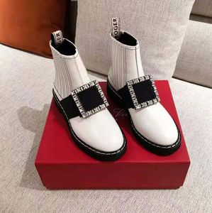 Luxe dames winter enkellaarzen Rogers viviers viv rangers strass gesp chelsea laarsjes zwart lakleer rubberen zolen platte laars 35-41Box zwart wit kaki