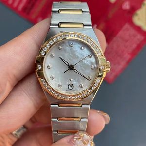 Reloj mecánico automático de lujo para mujer, serie Constellation de quinta generación, reloj de 29 mm con ventana de calendario redonda de acero de precisión en oro de 18 quilates, escala de tiempo de diamante