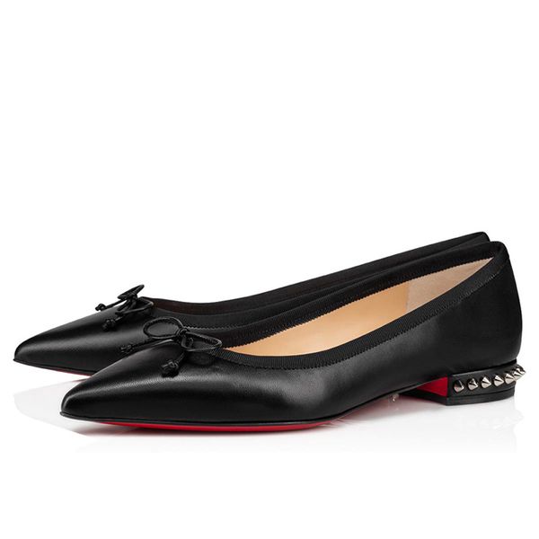 Mujeres de lujo Sandalias de ballet Classic Hall Flats Italia Hermosas damas Negro Mate Cuero Punta puntiaguda Bowknot Spike Diseñador Popular Bailarinas Sandalia Caja EU 35-43