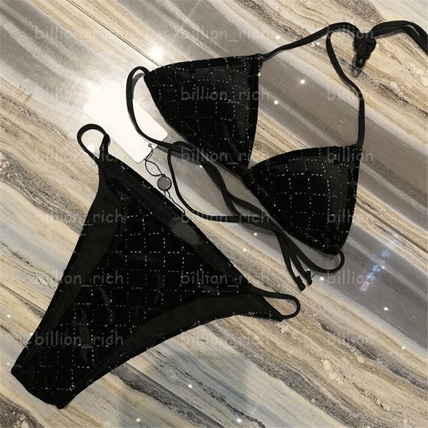 Conjunto de Bikinis de lujo para mujer, traje de baño negro con cuello Halter, sujetadores de playa de verano, conjunto de calzoncillos, ropa interior deportiva sin cables, sujetador deportivo, bragas, traje de baño dividido, traje de baño, ropa de playa