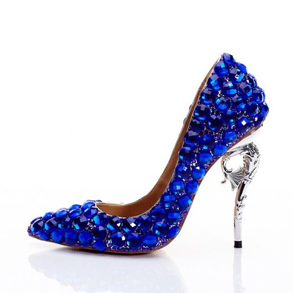 Mujeres de lujo Bling Seahorse talón Diamante zapatos de vestir individuales Bombas de boda de diamantes de imitación Chapado en plata Tacón alto Señoras Full Royal Blue Crystal Talones perforados