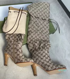 Botas de lujo para mujer Cuero genuino de calidad superior Rojo Beige Lona sobre la rodilla Bota con cremallera Cordones Moda de lujo Tacón alto Mujer Casual