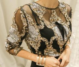 Luxury Femmes Crystal Sequins Broidery Blouse Lace Geometric Heavy Beads Shirts Sexy Blusas Camisa 2018 Party Clubs Hollow Tops9189884