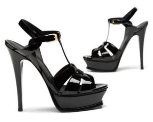 Sandale de designer de luxe pour femmes Sandale Tribute Sandales à plateforme T-Strap sandales en cuir de veau à talons hauts à bout ouvert escarpins d'été en cuir verni noir 35-43 avec boîte