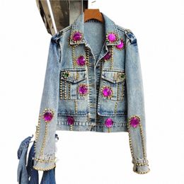 Luxe Vrouwen Diamds Korte Denim Bomberjas Klinknagel Kralen Jeans Jas Rhinestes Vest Revers Lg Mouw Streetwear Tops 61sr #